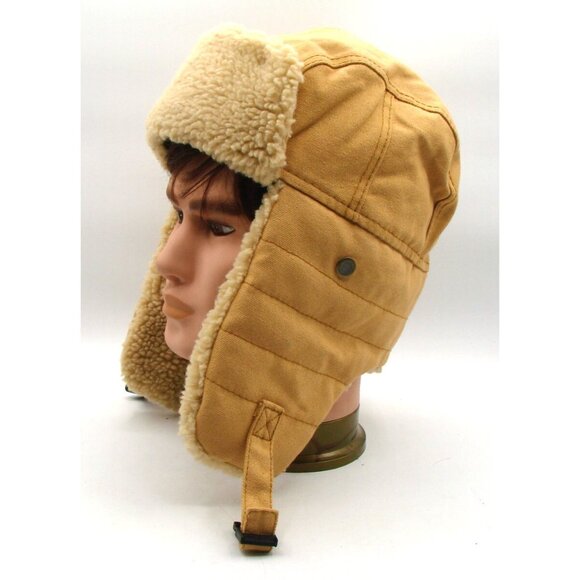 Canvas Tan Fleece Lined Trapper Bomber Hat Earflap Quilted Outdoor Snap Closure - Picture 2 of 9